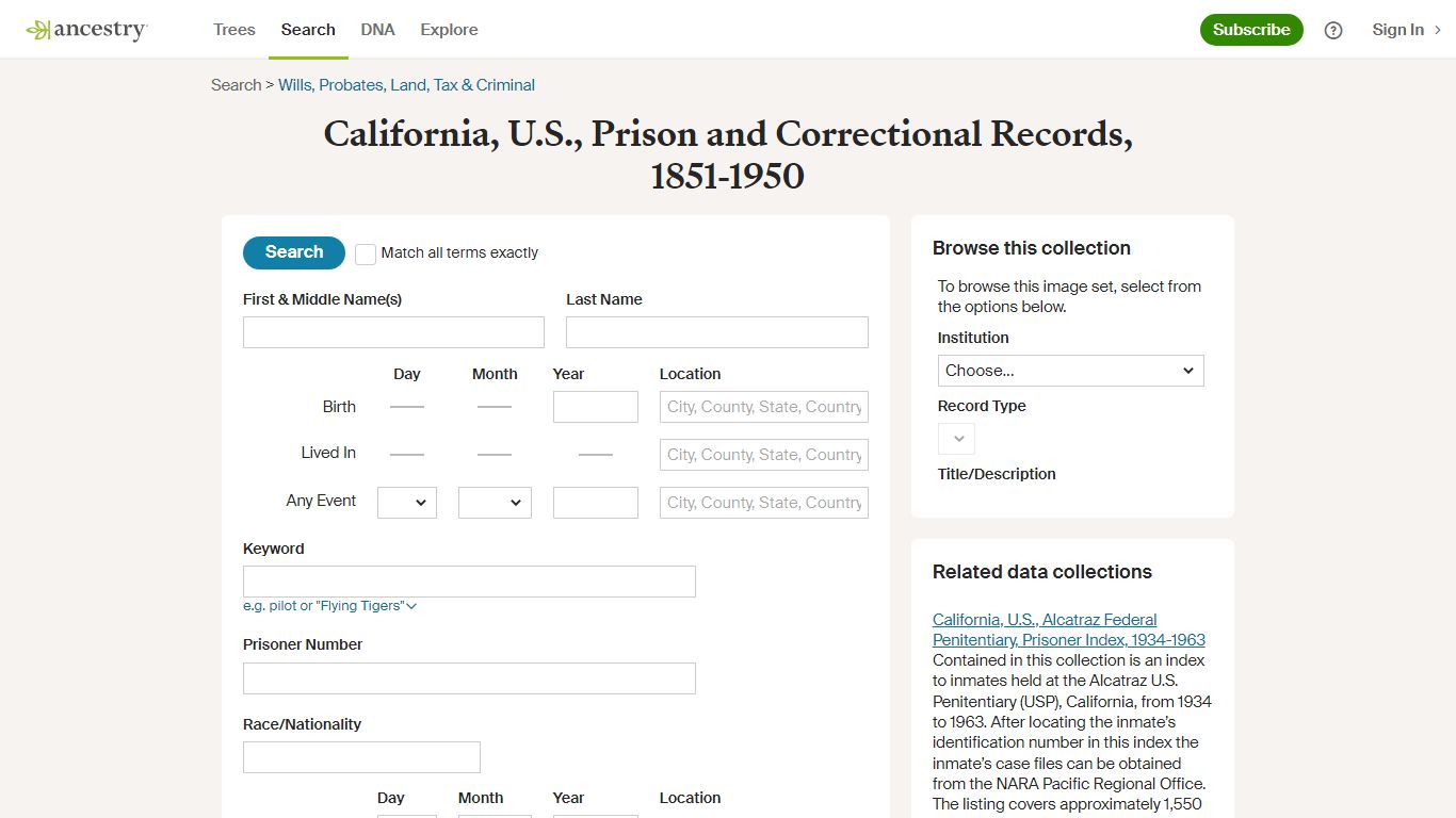 California, U.S., Prison and Correctional Records, 1851-1950 - Ancestry